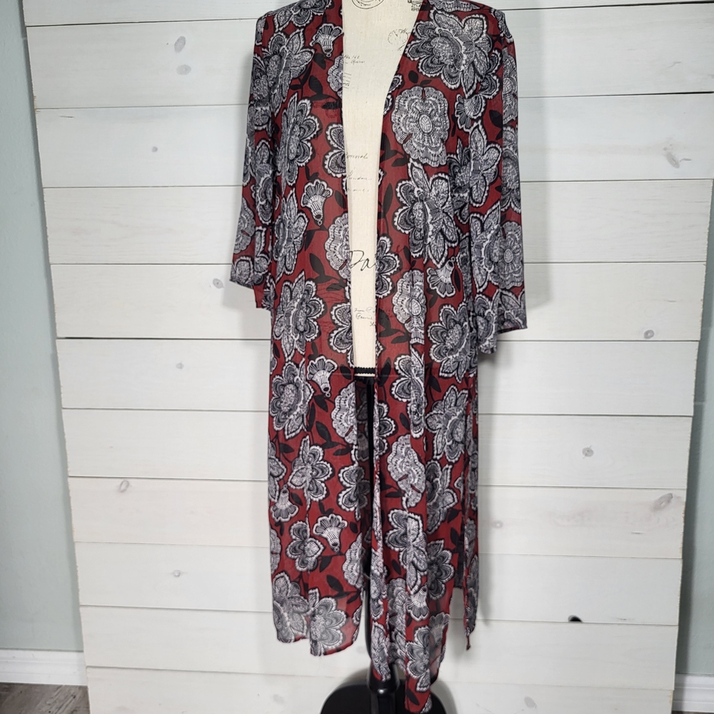 Forever 21 Floral Kimono Top Burgundy BOHO Western Coastal Cowgirl Duster.